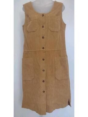 Vermont Country Store Tan Corduroy Jumper Dress Small Button Front Pockets